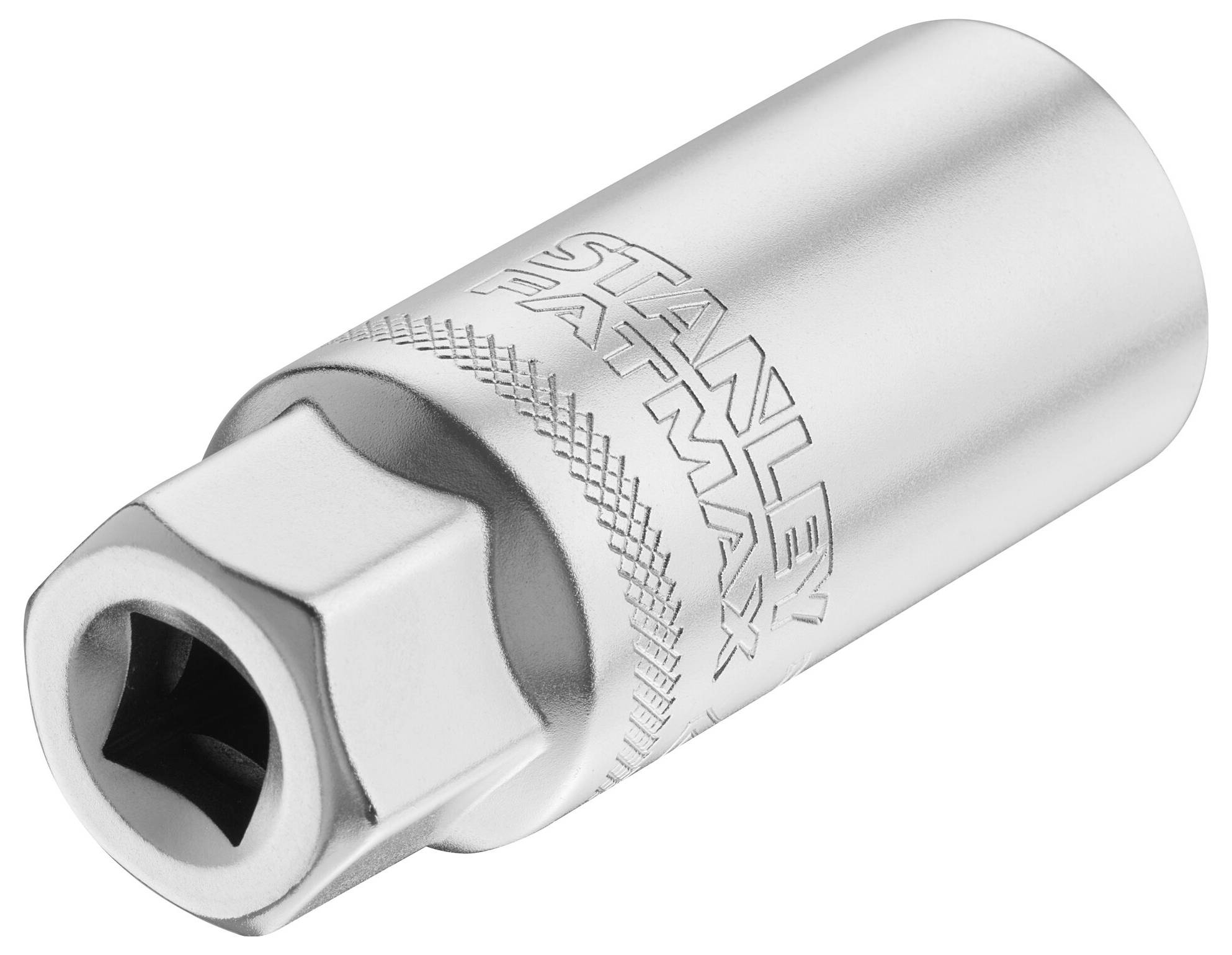 Metalowa nasadka z gniazdem sześciokątnym, z widocznym na brzegu logo marki 'STANLEY FATMAX'.