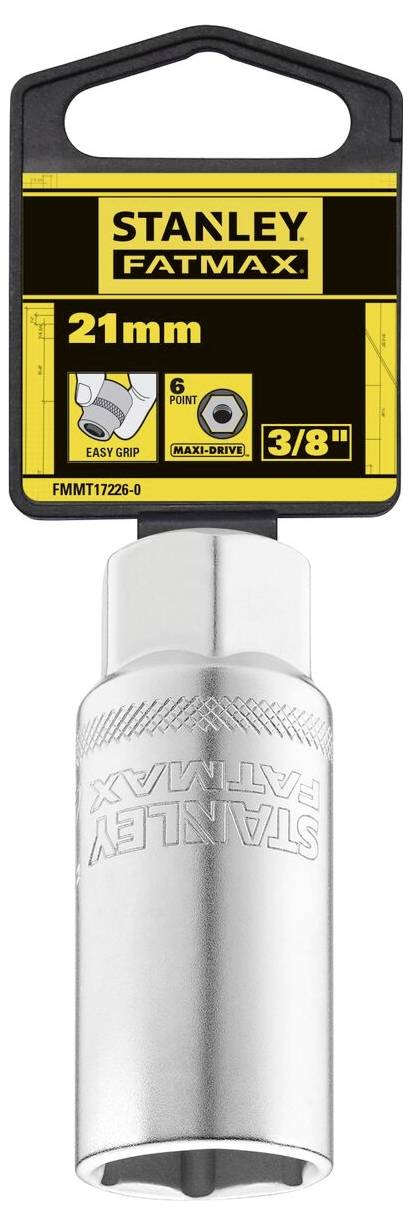 Klucz nasadowy Stanley FatMax o rozmiarze 21 mm, z napędem 3/8 cala. Produkt w blistrze z logo marki i informacjami o rozmiarze.