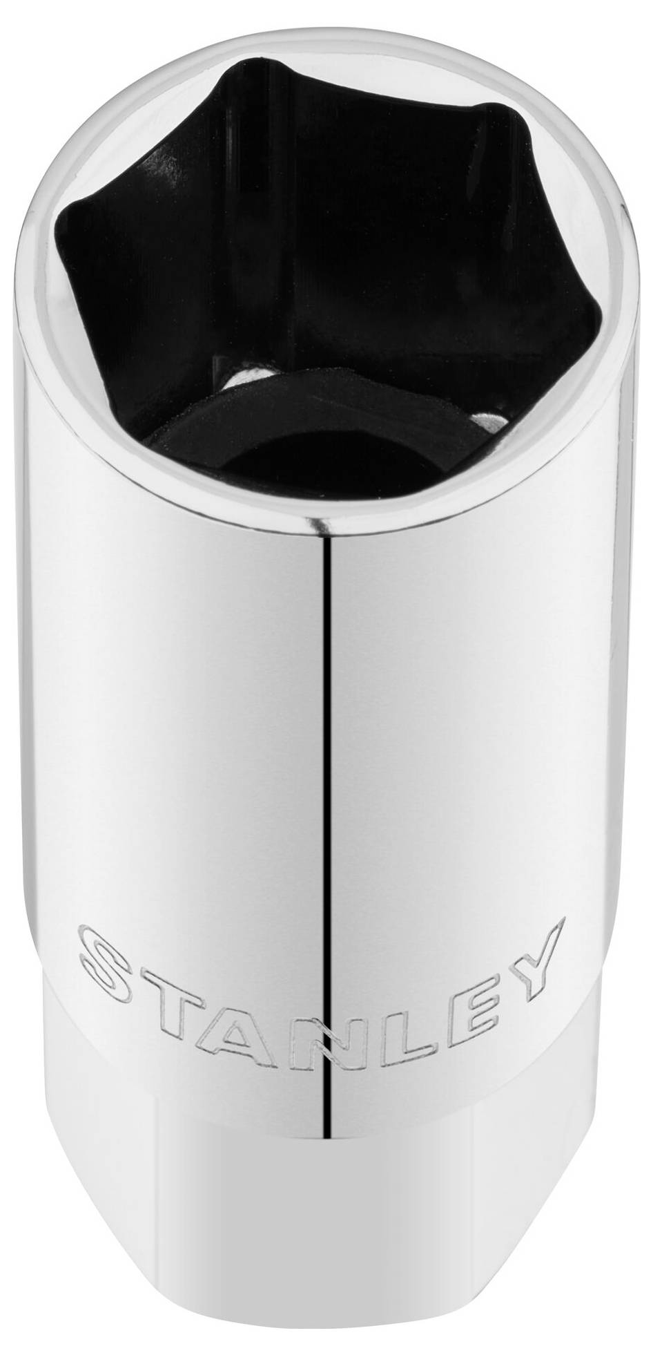 Sześciokątny nasadowy klucz nasadzany wykonany ze stali chromowo-wanadowej, błyszcząco polerowany z wytłoczonym logo 'Stanley'.