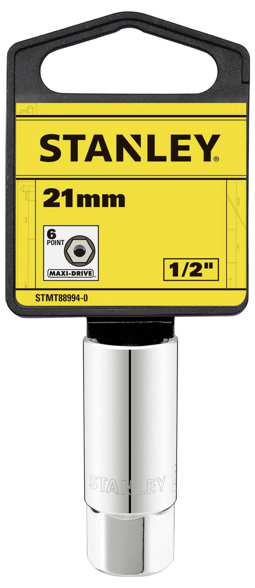 Klucz nasadowy Stanley, 21 mm, 1/2 cala, o geometrii 6-punktowej, z oznakowaniem produktu i logo na żółtej etykiecie.