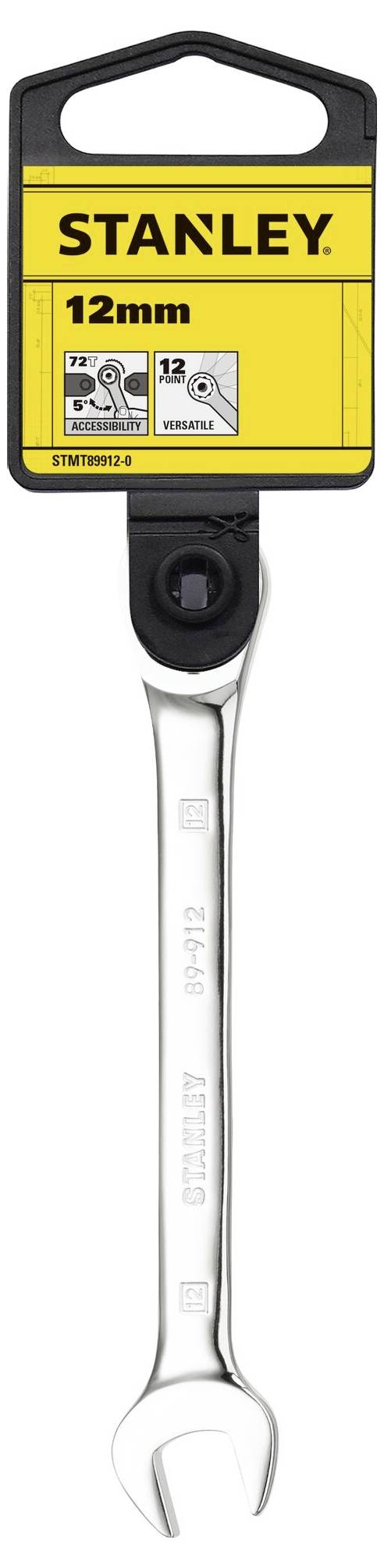 Klucz płaski 12 mm marki Stanley, w kolorze srebrnym, z żółtą etykietą na rękojeści wskazującą rozmiar i markę.