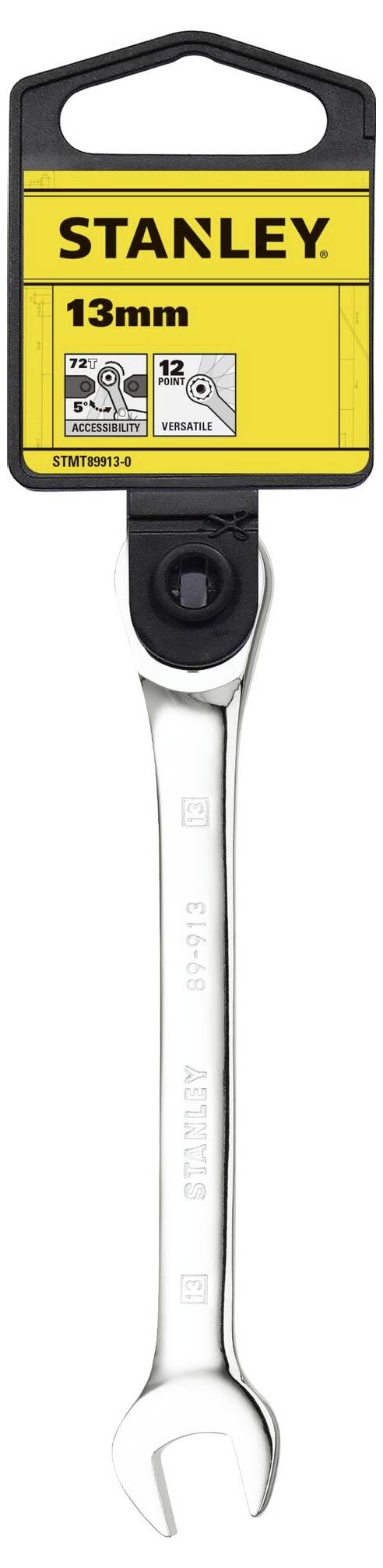 Srebrny klucz nasadowy o rozmiarze 13 mm z mechanizmem zapadkowym firmy Stanley w żółtym opakowaniu.