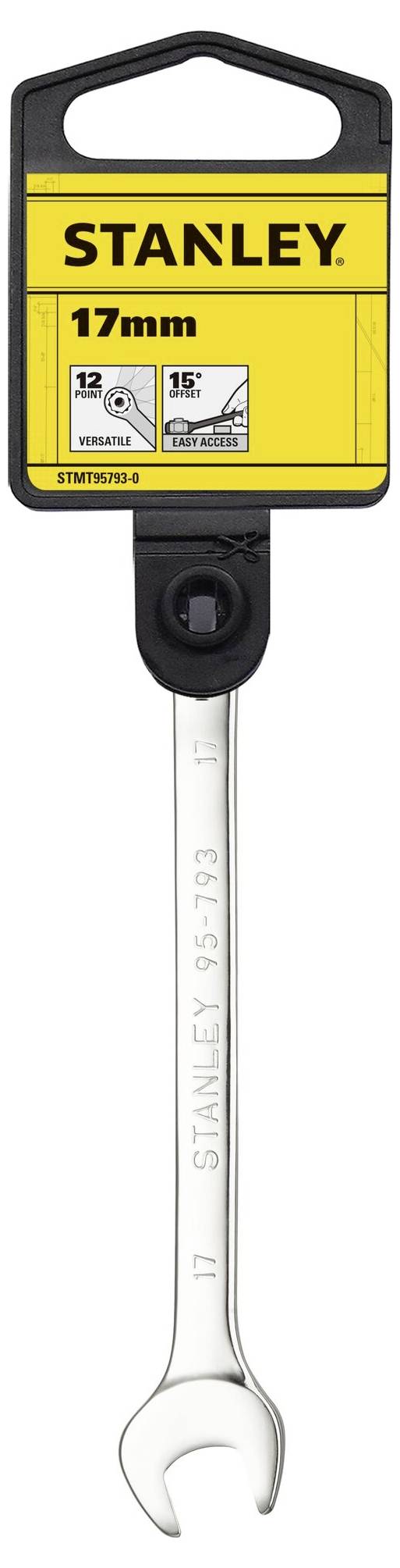 Siedemnastomilimetrowy klucz płaski marki Stanley, wykonany z metalu, w opakowaniu z żółtą etykietą i informacjami o produkcie na górze.