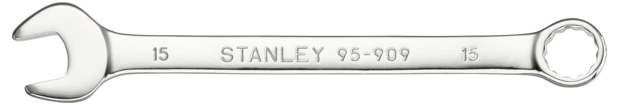 Klucz płasko-oczkowy z napisem 'Stanley 95-909', rozmiar 15, przydatny do różnych prac ślusarskich.