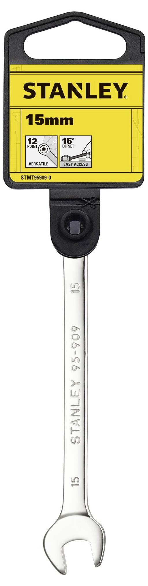 Klucz płasko-oczkowy marki 'Stanley' o rozmiarze 15 mm, zawieszony na czarnym uchwycie.