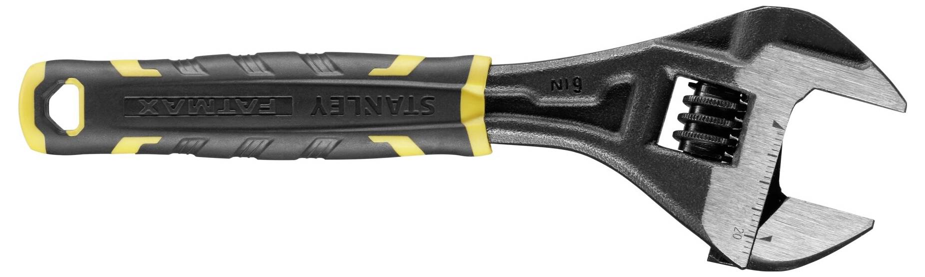 Regulowany klucz nastawny z metalu z czarno-żółtą rękojeścią z tworzywa sztucznego. Idealny do różnych rozmiarów śrub.