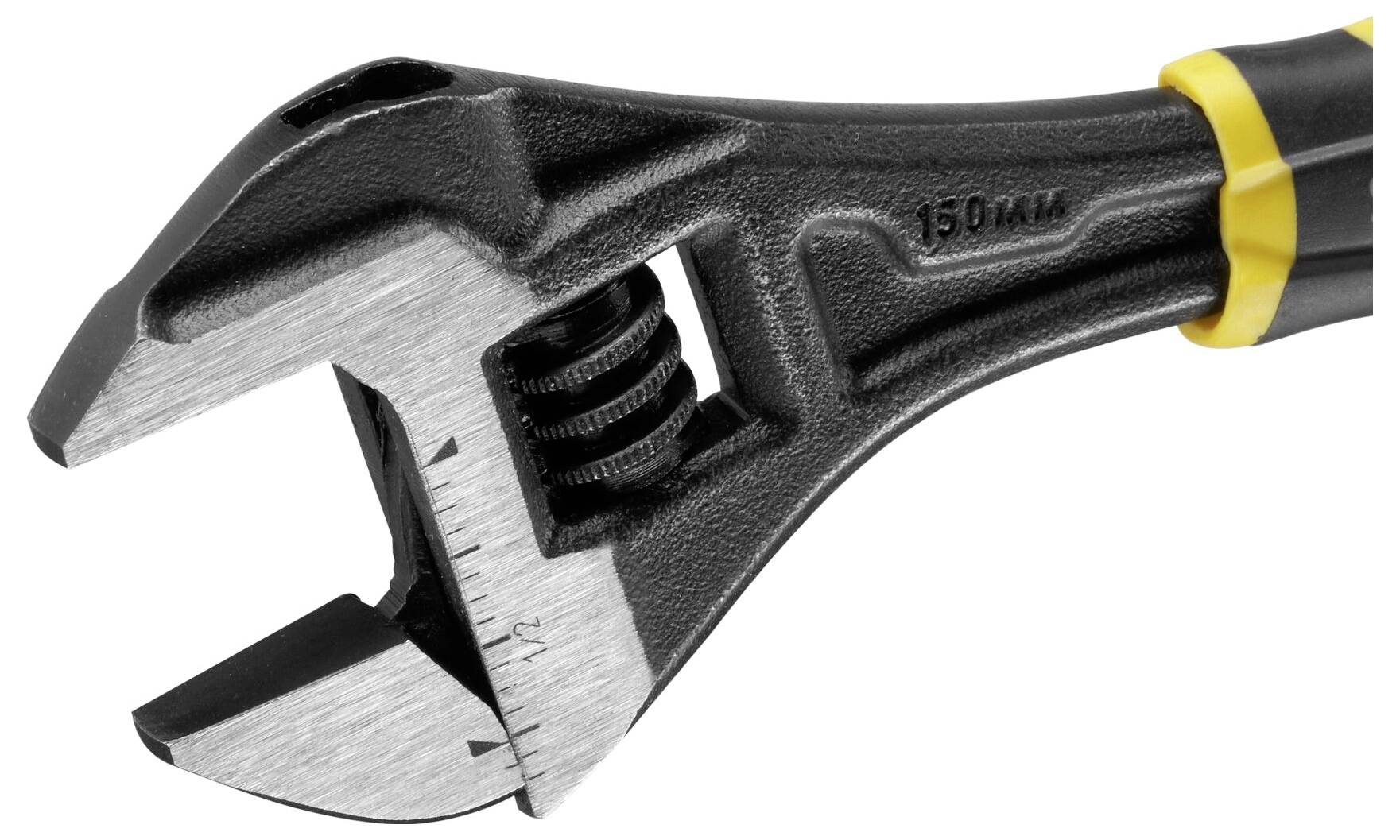 Regulowany klucz nastawny z metalu z czarną rękojeścią, żółtym akcentem i podziałką na szczęce do precyzyjnych ustawień.
