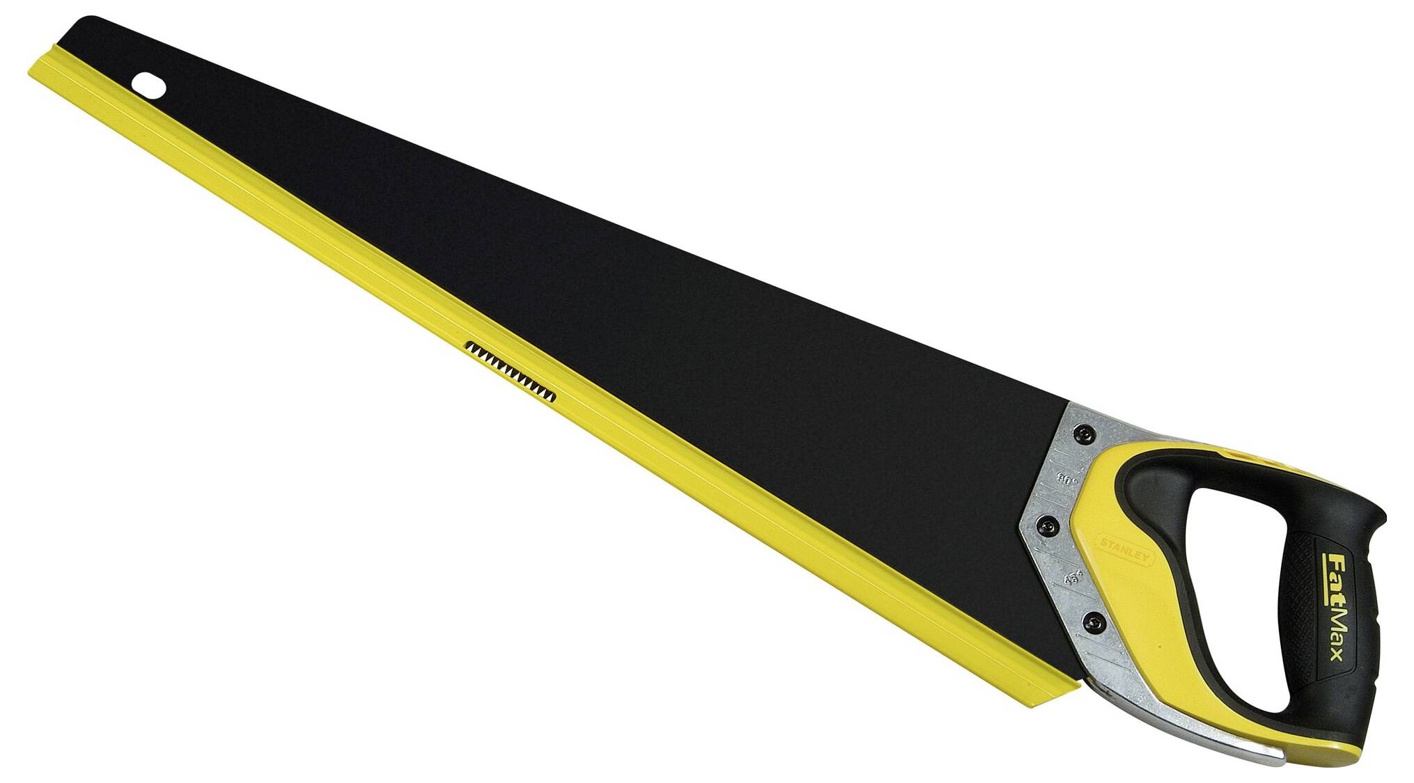 Piła ręczna z czarnym brzeszczotem i żółtą rękojeścią, idealna do cięcia drewna.