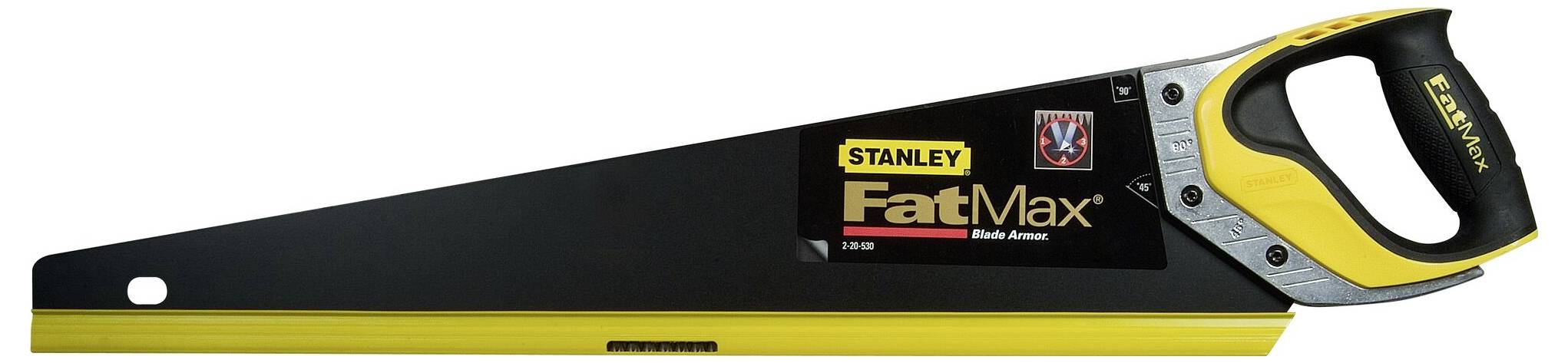 Piła ręczna 'Stanley FatMax', w przeważającej części czarna z żółtą rękojeścią.
