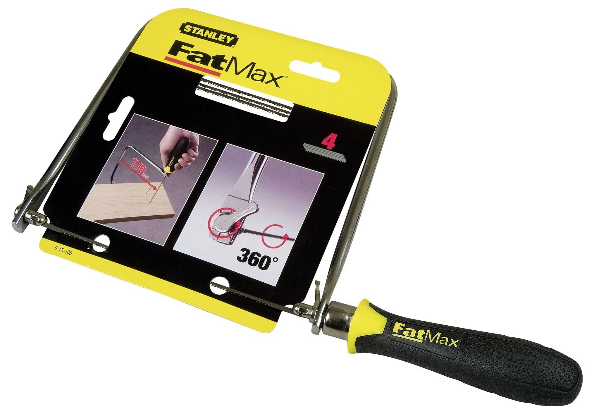 Piła ręczna z czarnym uchwytem, marka 'Stanley FatMax'. Na opakowaniu przedstawiono dwa przykłady zastosowania, podkreślając funkcję obrotu o 360 stopni.