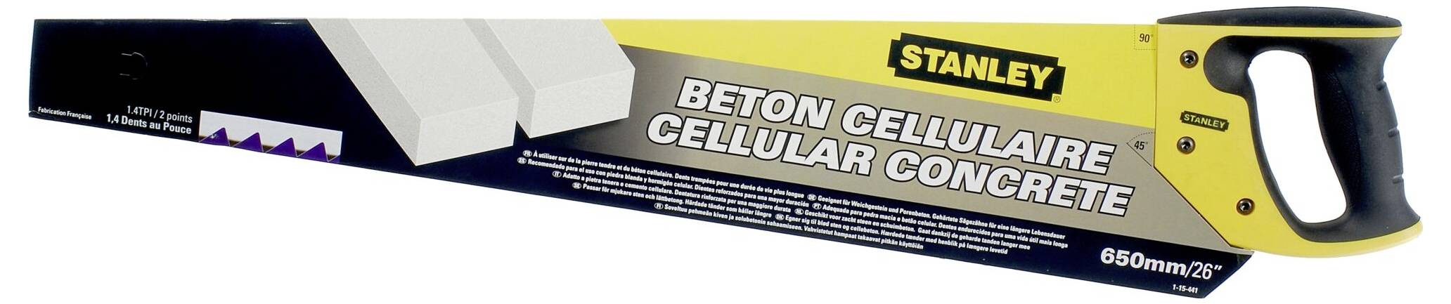 Piła ręczna Stanley do betonu komórkowego, z ergonomicznie ukształtowanym uchwytem, długość 650 mm, z widocznymi zębami tnącymi i nazwą marki.