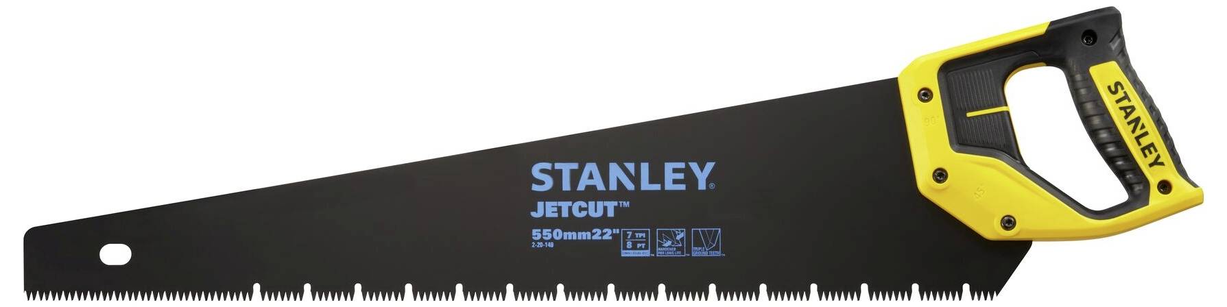 Piła ręczna marki Stanley z ergonomicznym uchwytem, czarnym brzeszczotem i żółtymi akcentami.