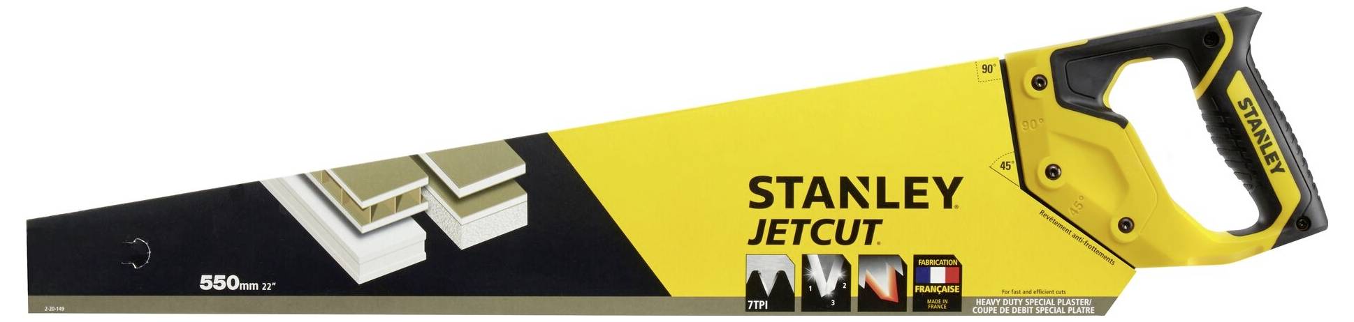 Piła ręczna Stanley Jetcut, 550 mm, z żółtą rękojeścią i czarnym brzeszczotem. Opakowanie prezentuje szczegóły dotyczące wydajności cięcia.