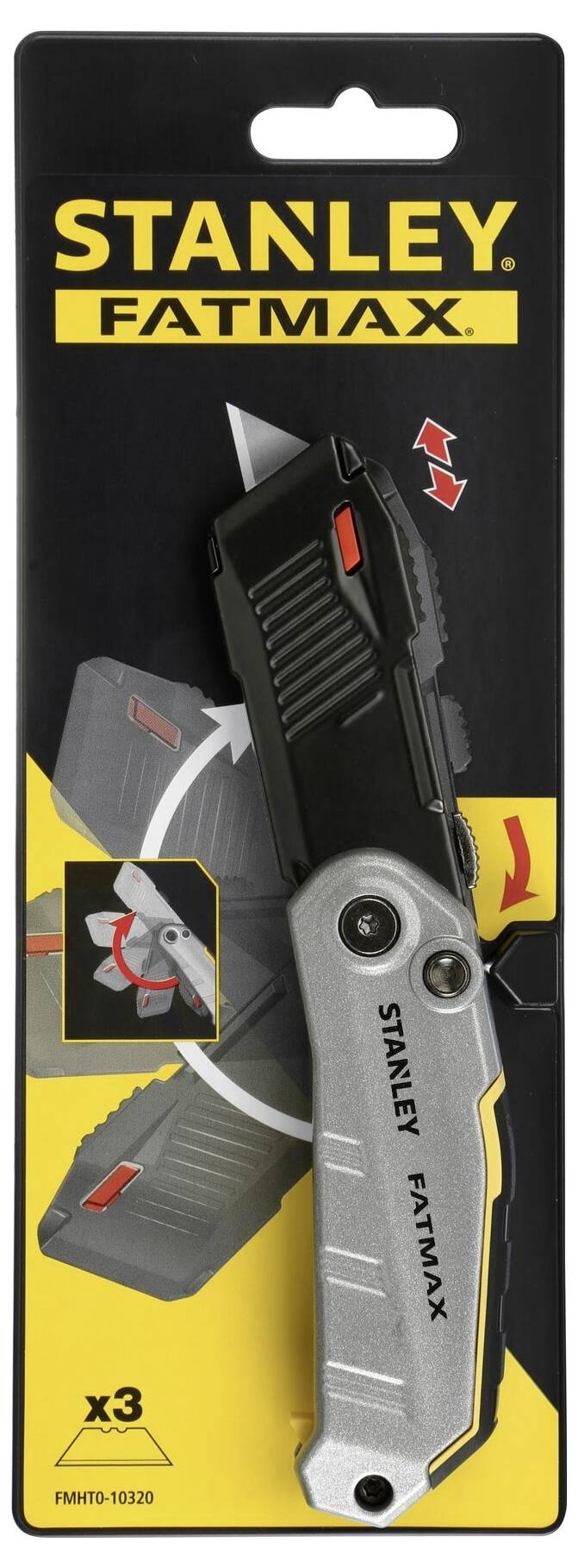 Opakowanie składanego noża Stanley Fatmax z wymiennym ostrzem. Na opakowaniu widoczne są instrukcje obsługi oraz logo marki.
