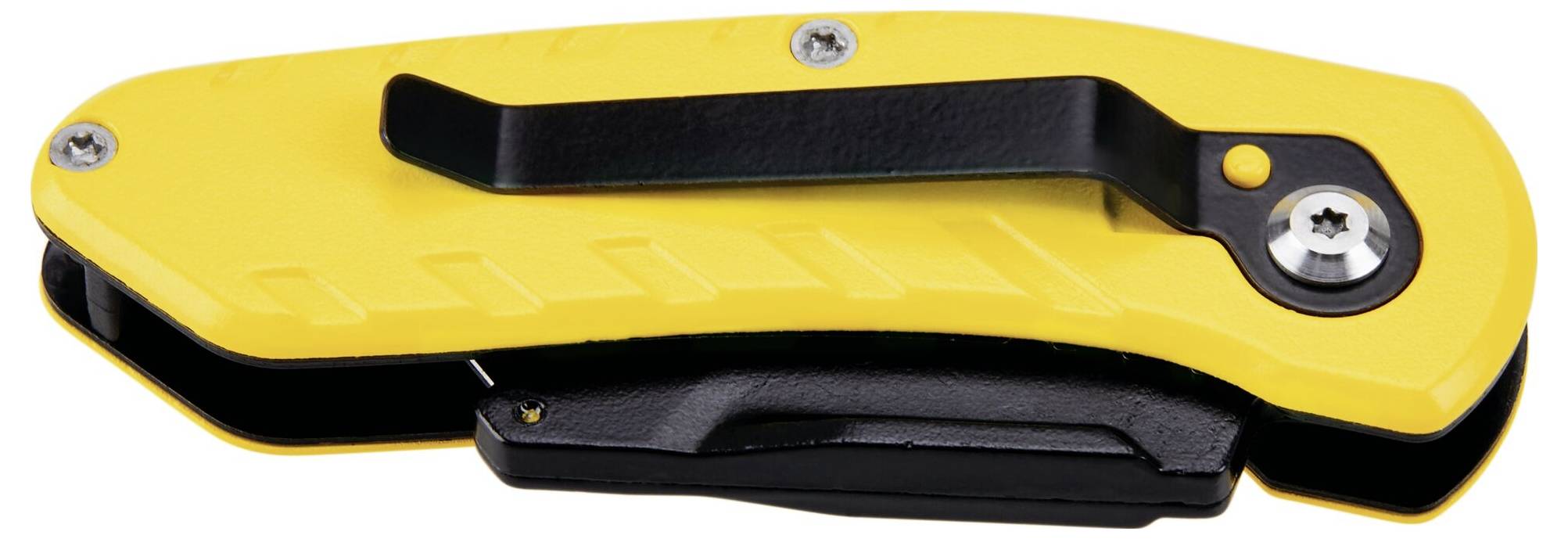 Żółty składany nóż z czarną rękojeścią i widocznymi śrubami, przedstawiony w pozycji złożonej.