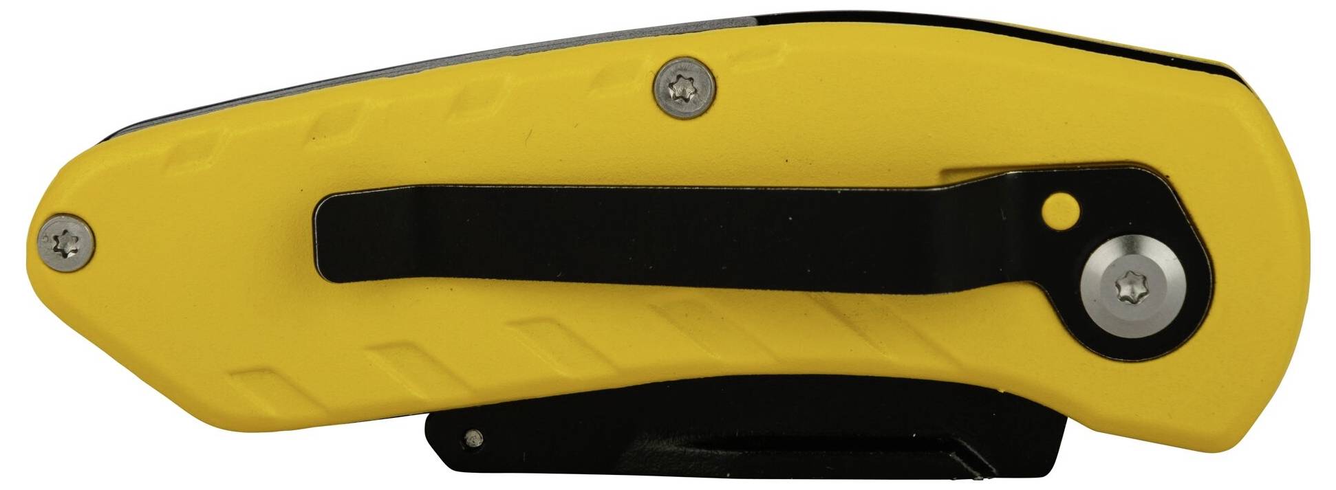 Kompaktowy, złożony nóż kieszonkowy z żółtą rękojeścią i czarnym klipsem, przedstawiony z boku.