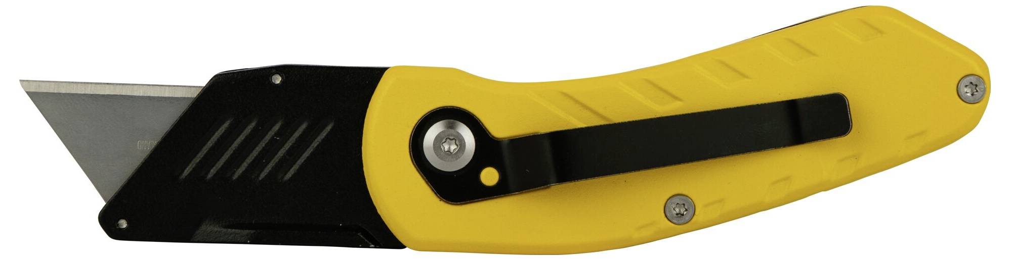 Żółty składany nóż z czarną rękojeścią i składanym ostrzem, odpowiedni do prac rzemieślniczych lub otwierania opakowań.