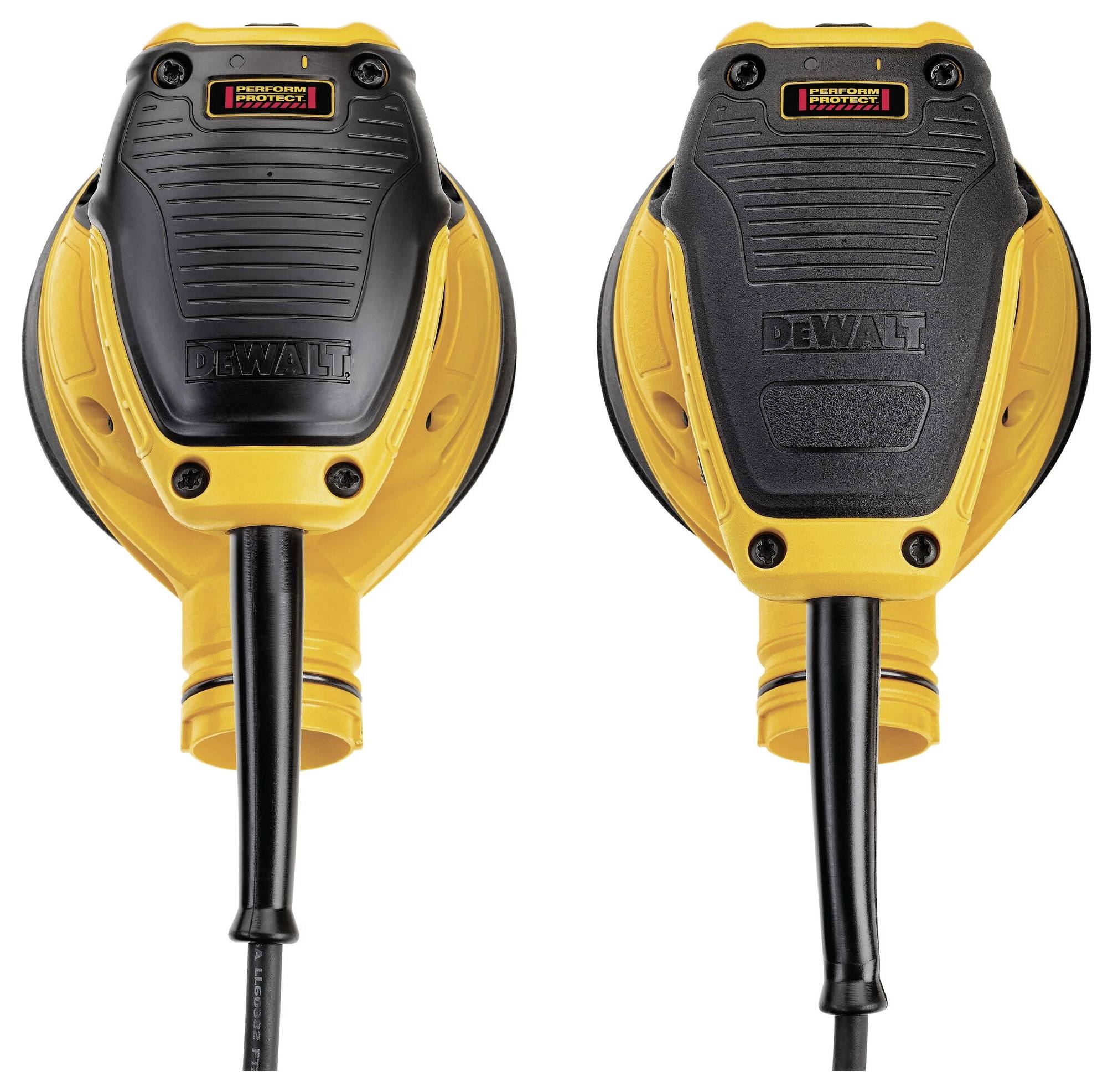 Dwie żółto-czarne przedłużacze elektryczne o wytrzymałej konstrukcji, przeznaczone do użytku na placach budów.