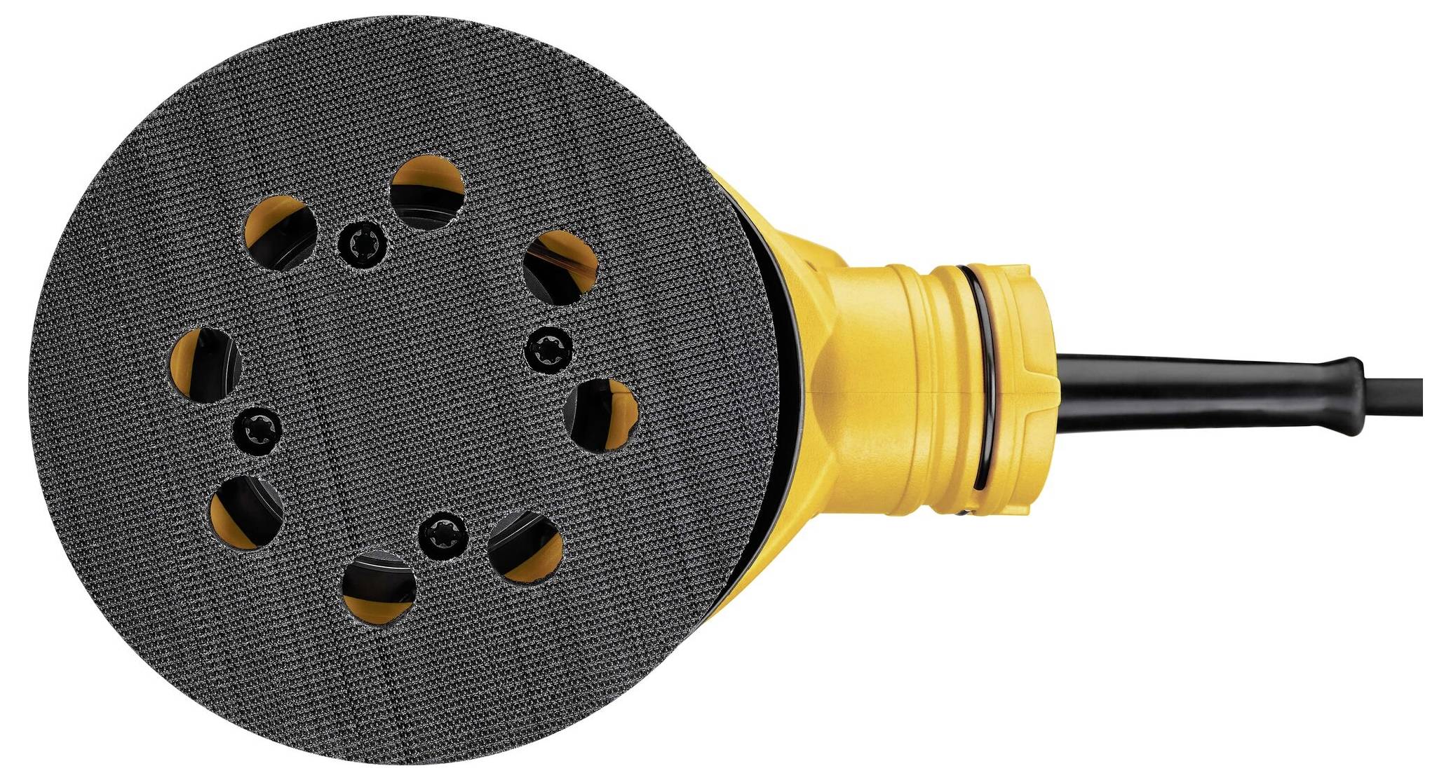 Żółta szlifierka mimośrodowa z czarnym talerzem szlifierskim i sześcioma otworami, widziana z góry, na białym tle.