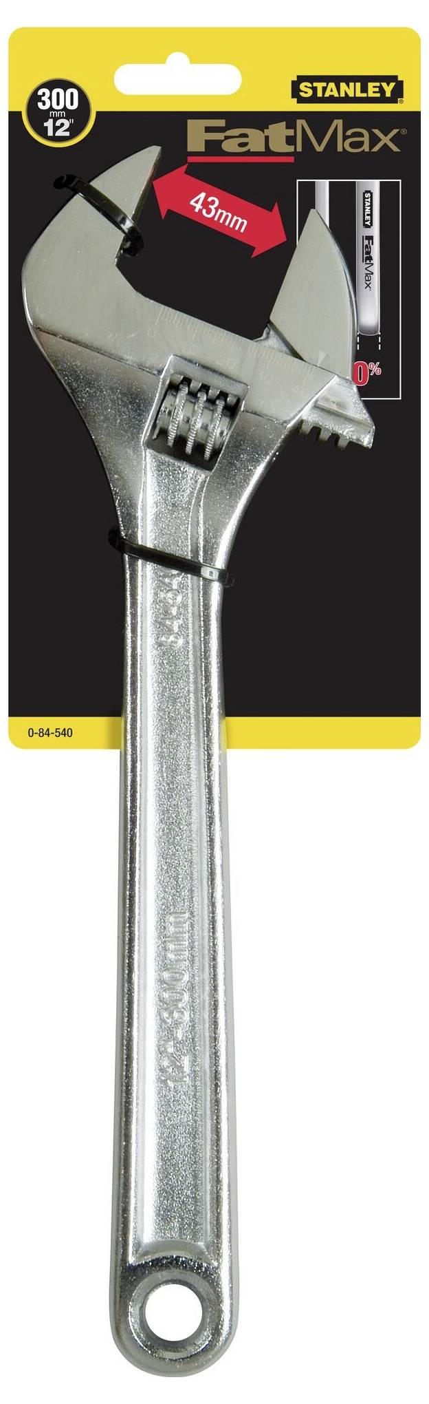 Regulowany klucz nastawny Stanley FatMax z maksymalnym rozstawem szczęk 43 mm, przedstawiony na opakowaniu.