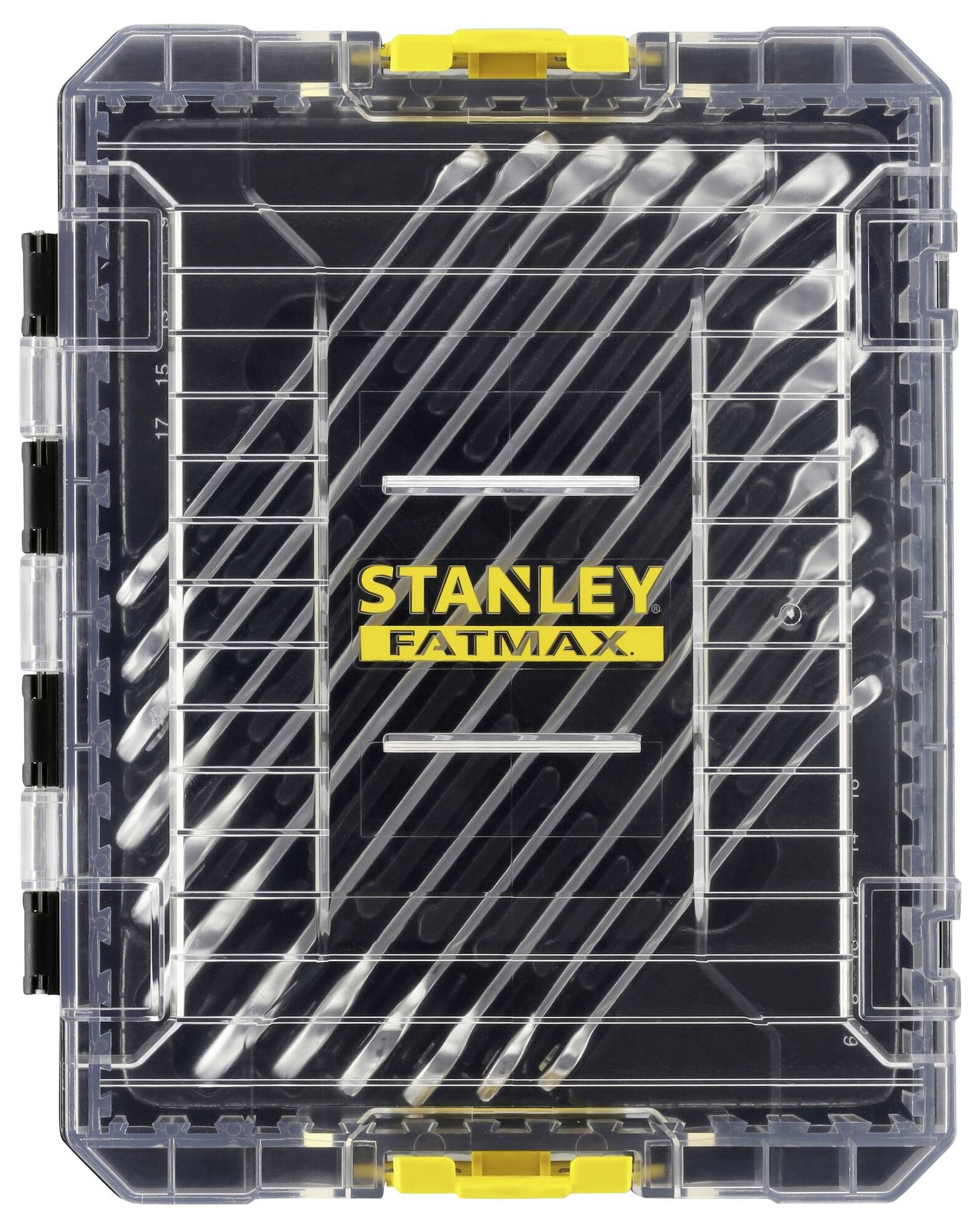 Skrzynka narzędziowa 'STANLEY FATMAX' z przezroczystą pokrywą i czarną obudową. Idealna do organizacji i przechowywania narzędzi.