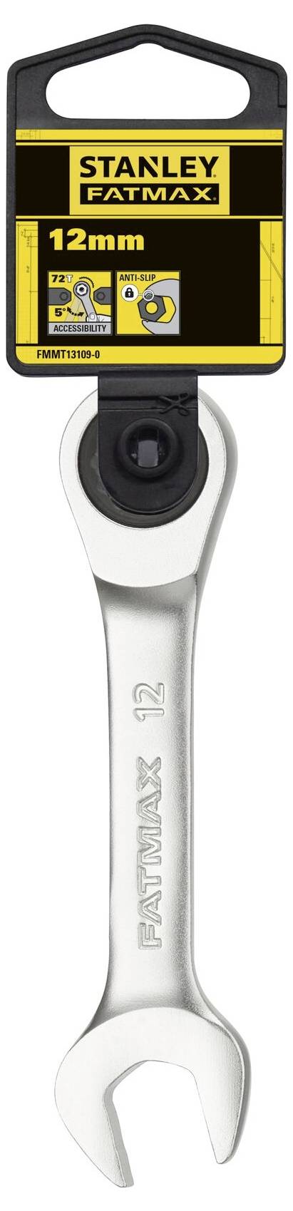 Klucz płasko-oczkowy Stanley Fatmax z mechanizmem grzechotki, rozmiar 12 mm, w kolorze srebrnym. Opakowanie prezentuje markę i rozmiar.