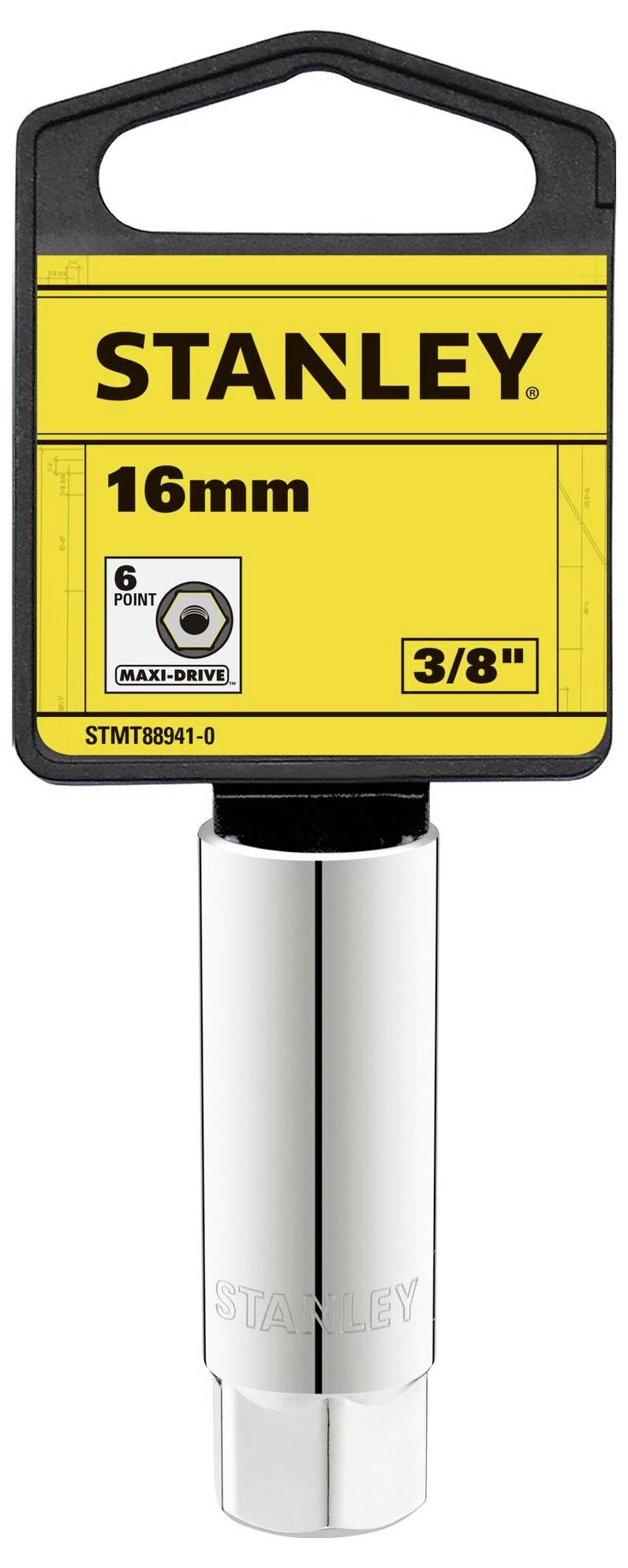 Klucz nasadowy STANLEY, 16 mm, 6-punktowy, do napędu 3/8". Srebrny korpus metalowy, żółte opakowanie z czarnym zawieszeniem.