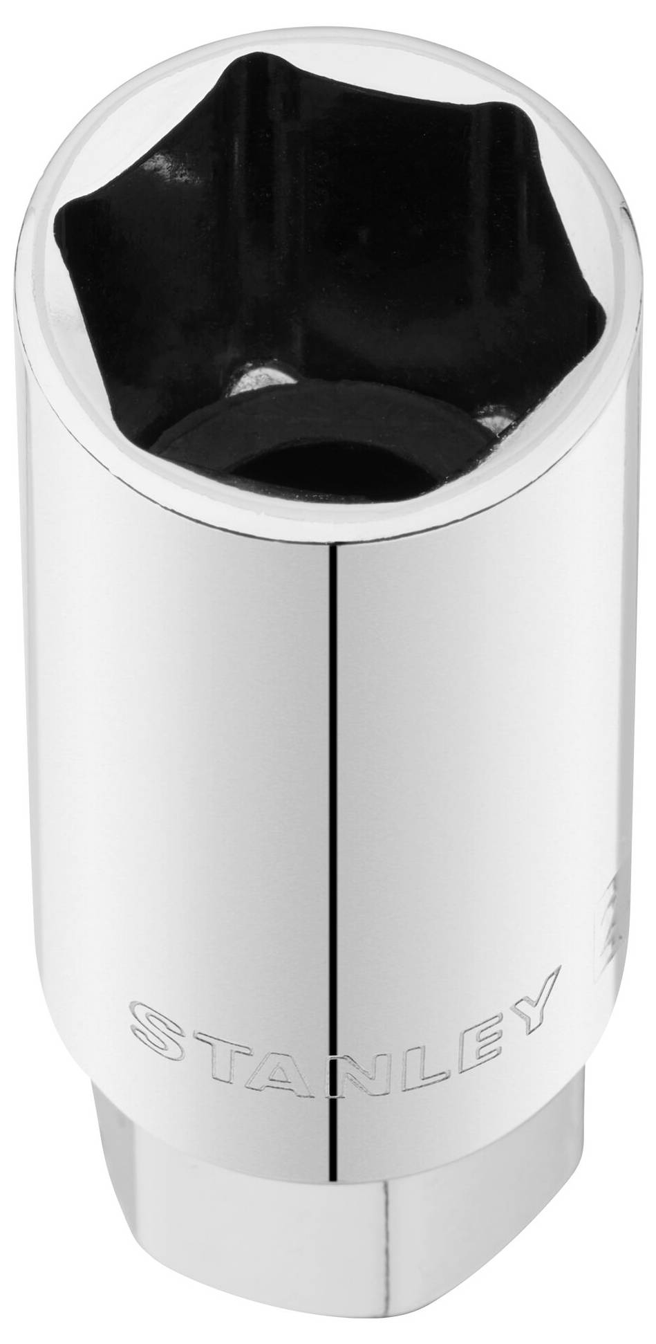 Metalowy nasadowy klucz sześciokątny o błyszczącej powierzchni. Odpowiedni do prac naprawczych.