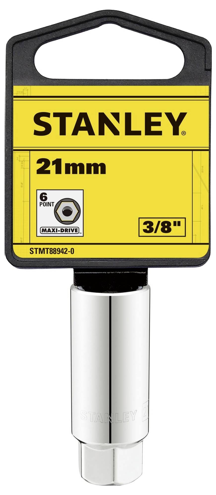 Nasadka Stanley, 21 mm, sześciokątna, z napędem 3/8 cala, odpowiednia do prac śrubowych, prezentowana na żółtym tle z logo.