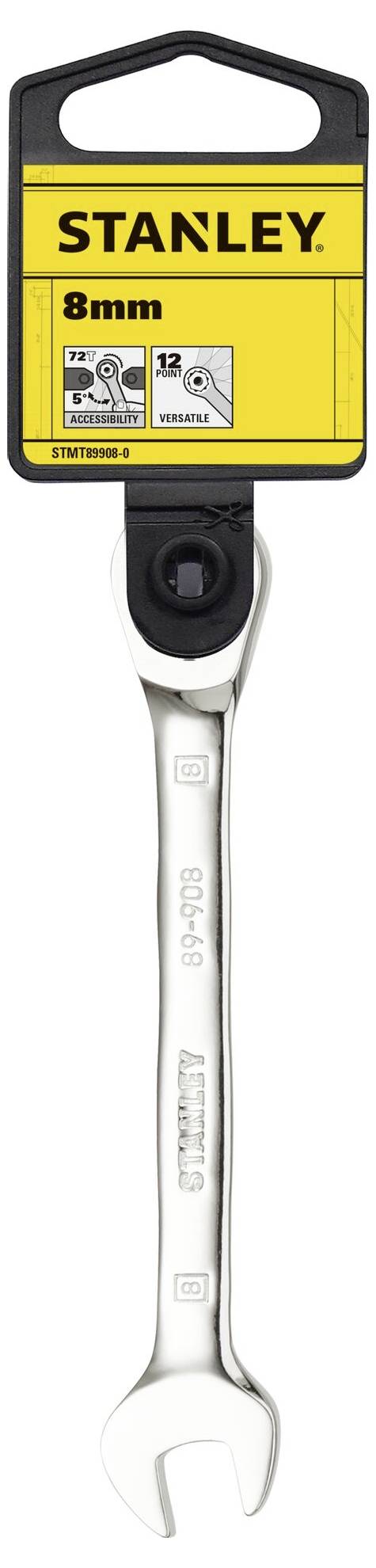 Klucz narzędziowy Stanley z grzechotką, 8 mm, na żółtym opakowaniu.
