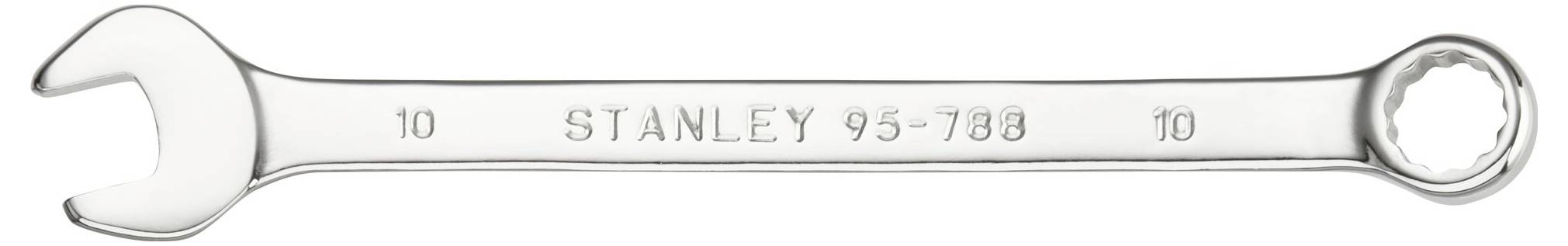 Srebrny klucz płasko-oczkowy marki Stanley z grawerunkiem '10 STANLEY 95-780 10'. Z lewej strony koniec otwarty, z prawej strony w kształcie pierścienia.