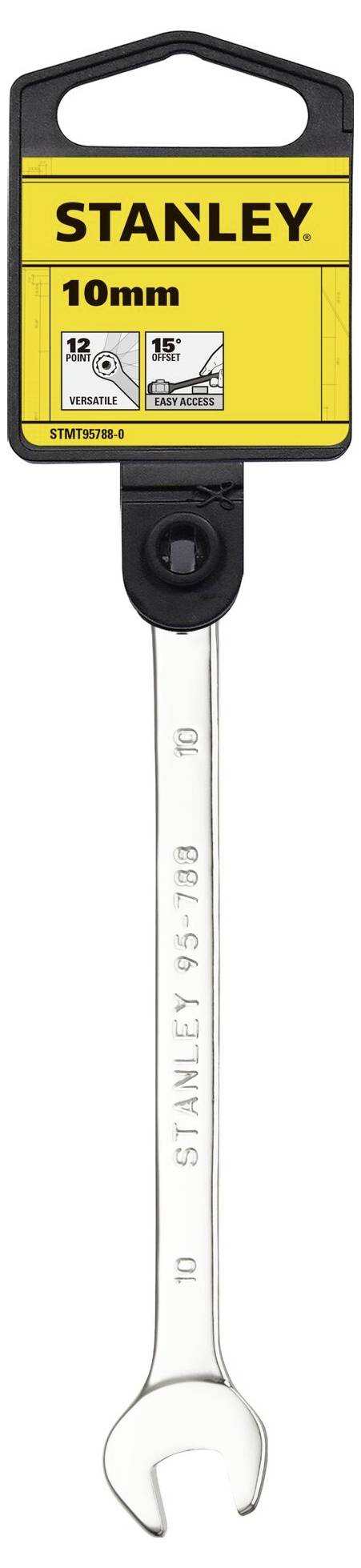 Klucz szczękowy marki 'STANLEY' z oznaczeniem '10 mm', zamocowany na opakowaniu.