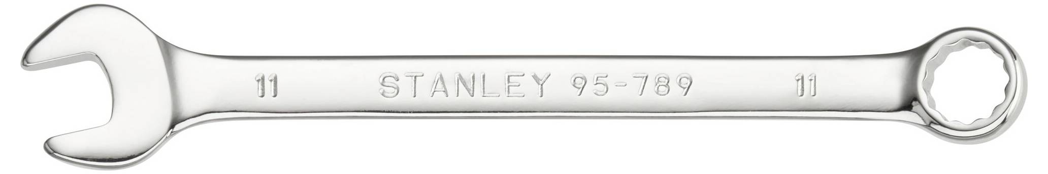 Srebrny klucz widełkowy marki 'Stanley', numer modelu 95-789, o rozmiarze 11.