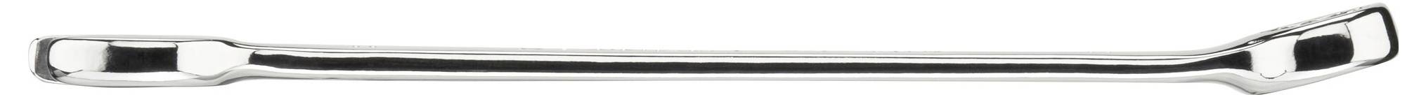 Chromowany klucz dwustronny: po jednej stronie zamknięty sześciokątny otwór, po drugiej stronie dźwigniowy uchwyt.