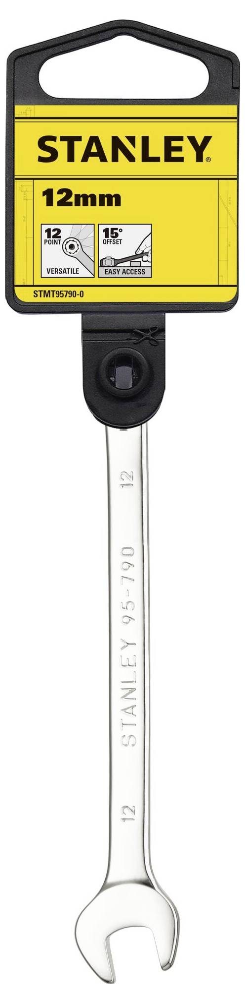 Klucz widełkowy o rozmiarze 12 mm, marki 'Stanley', w opakowaniu. Odpowiedni do śrub sześciokątnych.