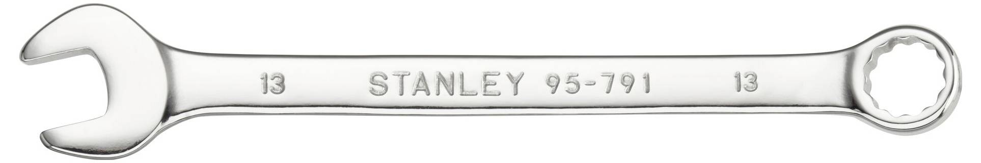Srebrny klucz nastawny o podwójnym zakończeniu, z jedną stroną otwartą i drugą w kształcie pierścienia. Na rękojeści widnieje napis 'STANLEY 95-791 13'.