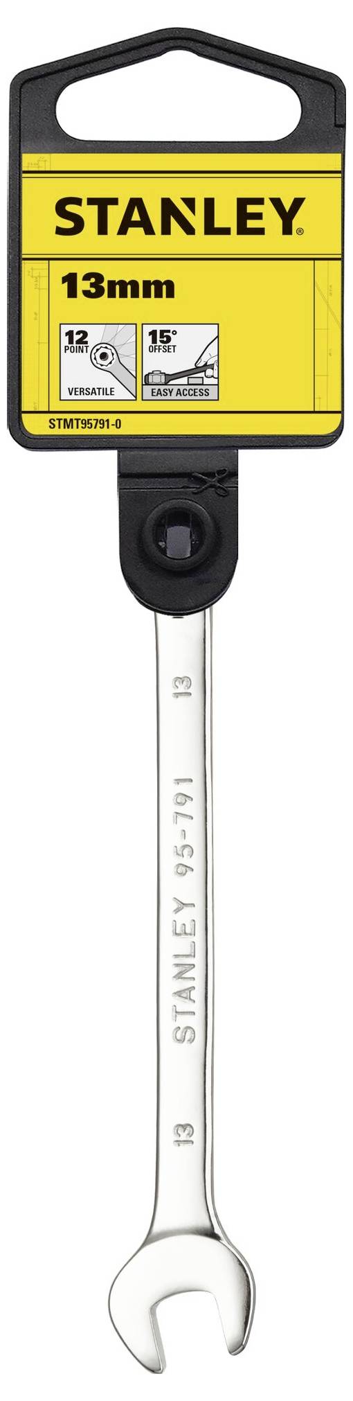 Trzynastomilimetrowy klucz płaski Stanley w żółtym opakowaniu, na którym widoczne są znak firmowy i specyfikacje rozmiaru.