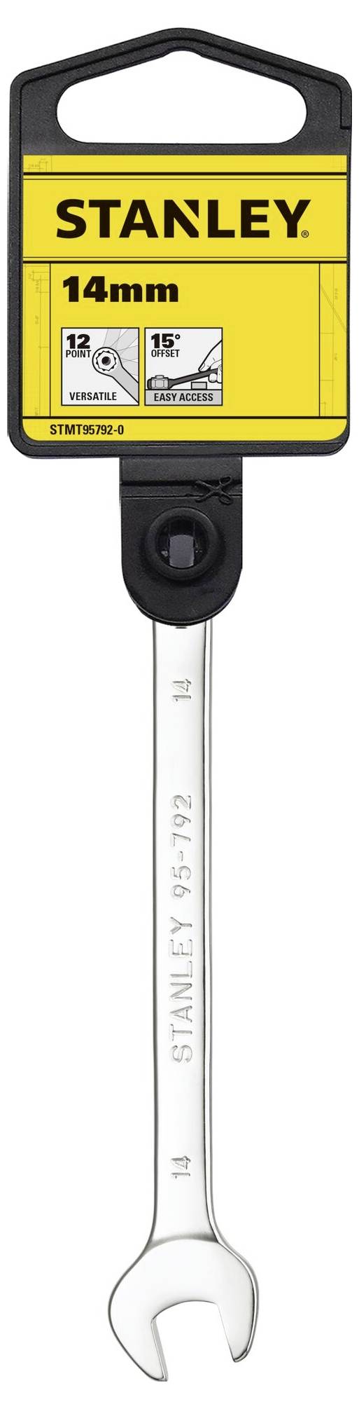 Klucz Stanley o szerokości 14 mm, w srebrnym kolorze, przymocowany do żółtego opakowania z logo marki i oznaczeniem rozmiaru.