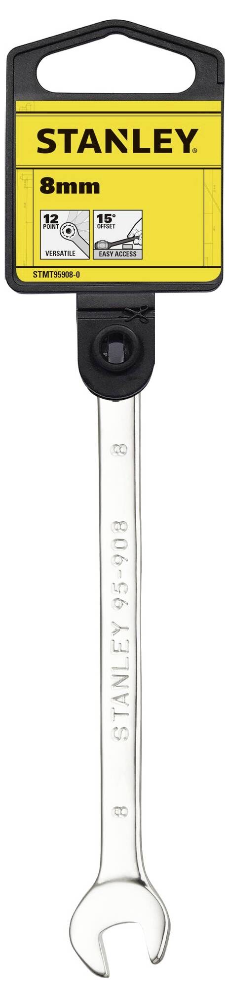 Klucz widełkowy Stanley o rozmiarze 8 mm z żółtym opakowaniem i czarnym hakiem. Odpowiedni do nakrętek i śrub o rozmiarze 8 mm.