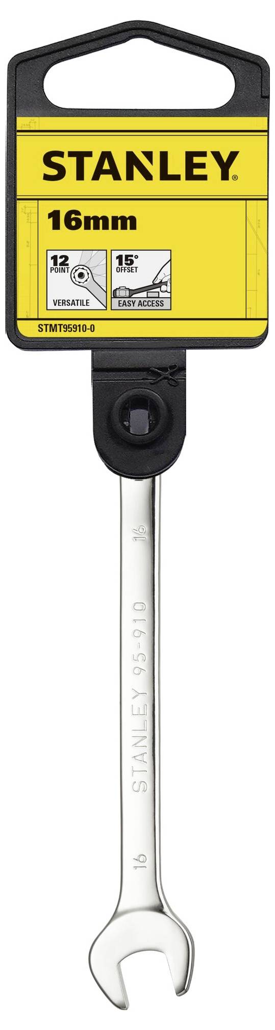 Srebrny klucz płasko-oczkowy o rozmiarze 16 mm marki Stanley. Uchwyt jest płaski, z etykietą na górnym końcu. Przeznaczony do nakrętek o rozmiarze 16 mm.
