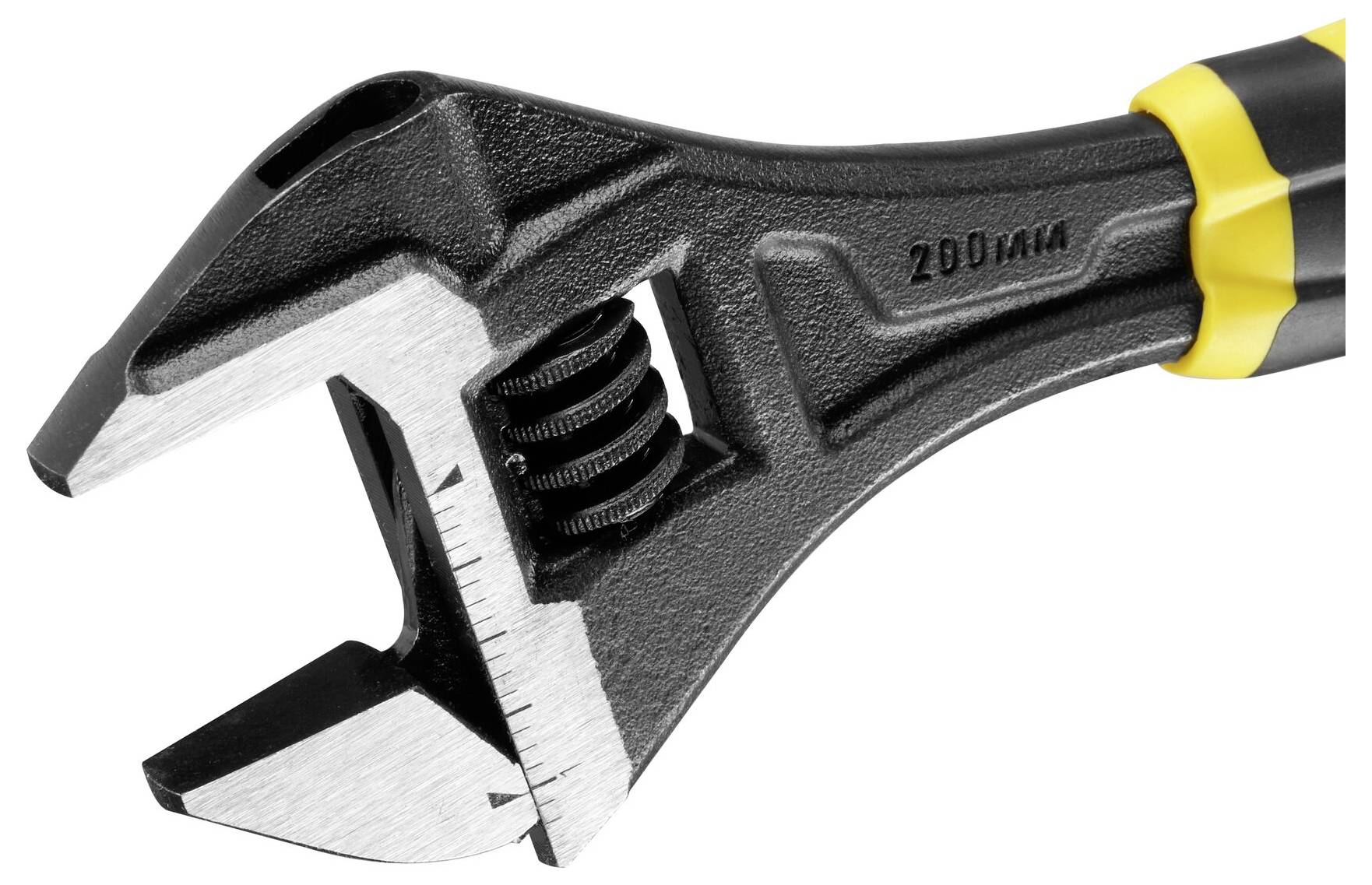 Regulowany klucz nastawny z metalu z podziałką, utrzymany głównie w kolorach czarnym i żółtym.