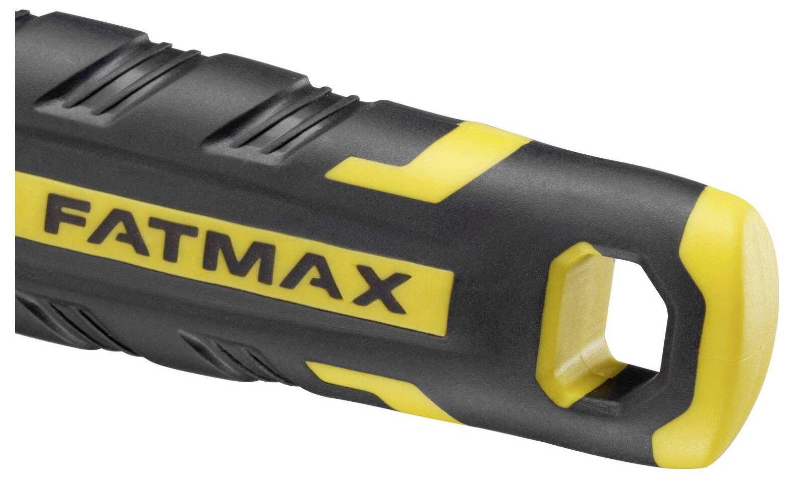 Czarny i żółty uchwyt z napisem 'FATMAX'. Odpowiedni do narzędzi rzemieślniczych, widoczny ergonomiczny design.