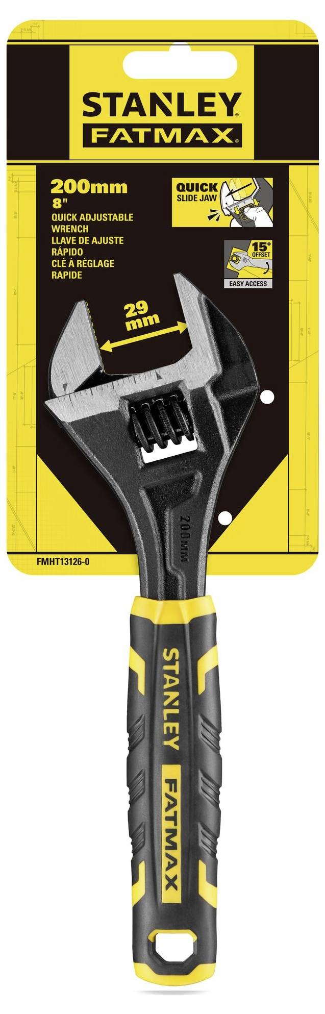 Opakowanie regulowanego klucza STANLEY FATMAX, 200 mm. Zawiera grafikę przedstawiającą szybką regulację i wielkość 20 mm.