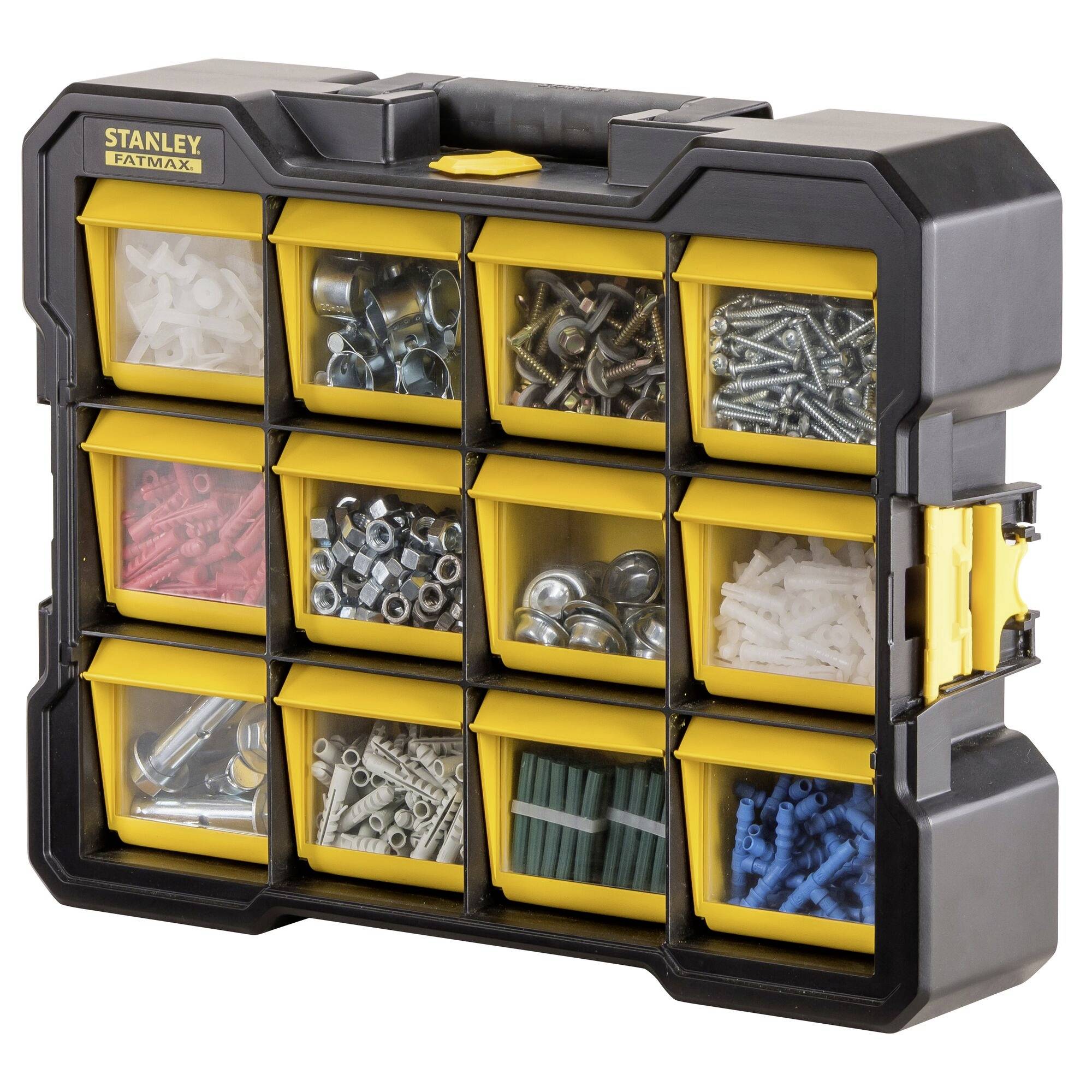 Czarno-żółty pojemnik z przegródkami, z dwunastoma sekcjami, wypełniony śrubami, nakrętkami i kołkami, widok z góry.