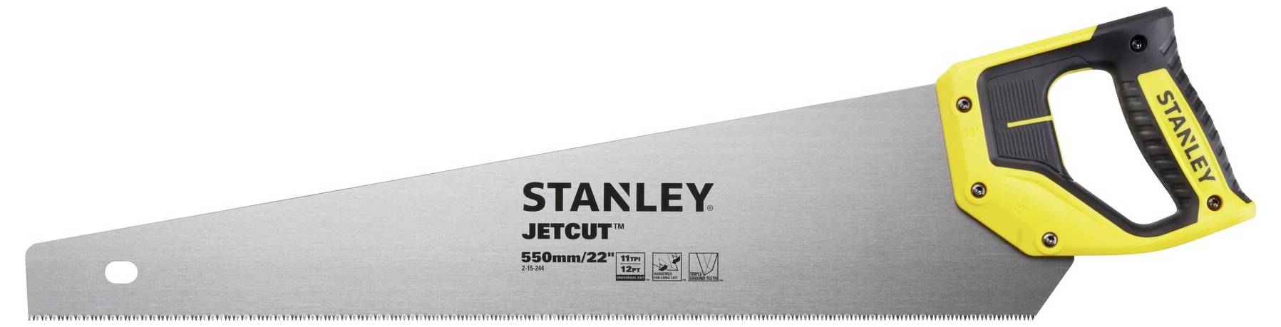 Piła ręczna z żółtą rękojeścią z napisem 'STANLEY JETCUT 550mm/22"'.