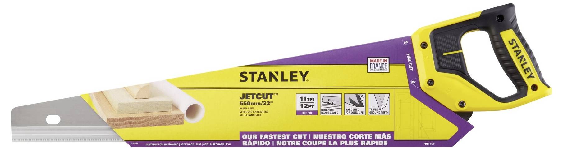 Piła ręczna marki 'Stanley' z żółto-czarnym uchwytem. Brzeszczot wyświetla informacje o grubości i kształcie zębów.