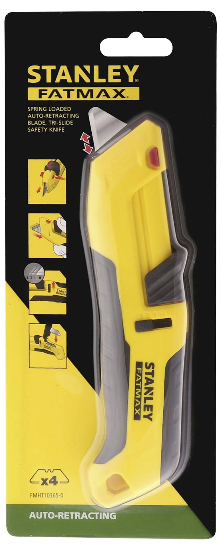 Żółty nóż bezpieczeństwa 'Stanley FatMax' w opakowaniu z wysuwną klingą, automatycznym mechanizmem sprężynowym i szarym uchwytem.