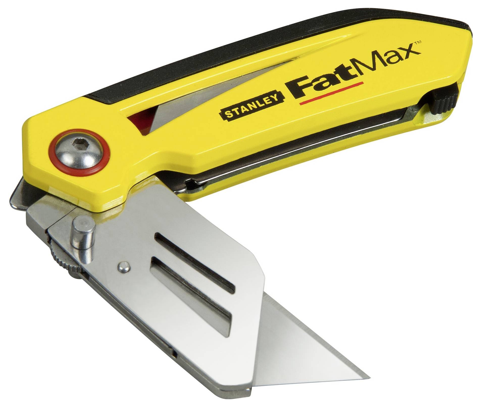 Żółty składany nóż Stanley FatMax z metalowym ostrzem.
