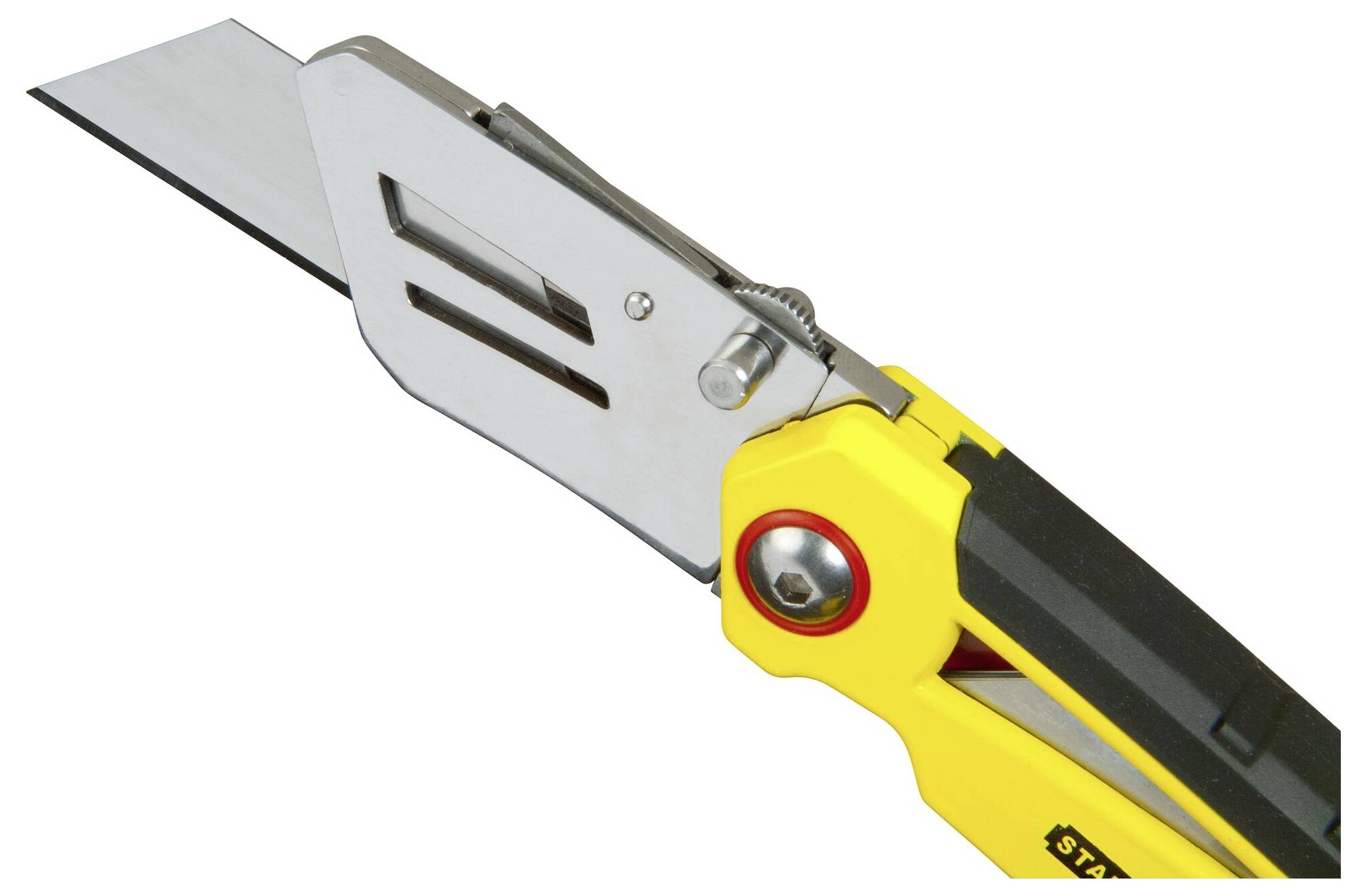 Żółty nóż uniwersalny z wysuniętym ostrzem. Narzędzie posiada czarny uchwyt i srebrną jednostkę tnącą.