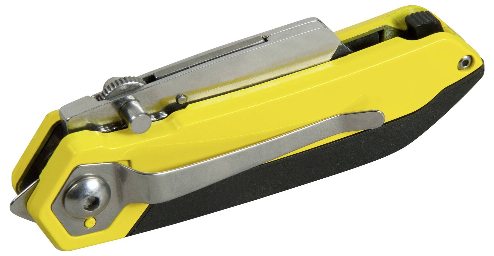 Żółty składany nóż z czarną rękojeścią i srebrnym klipsem.